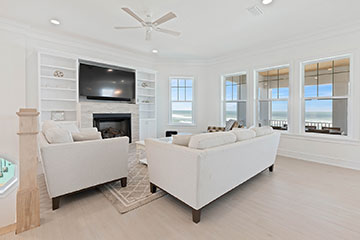 Living area with custom bookshelves